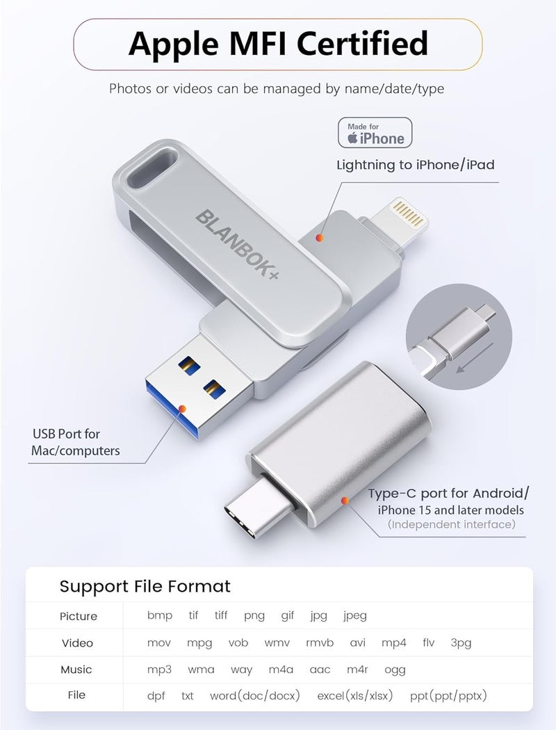 BLANBOK+ MFi Certified 512GB Flash Drive Thumb Drives USB Memory Stick High Speed Jump Drive, Portable Photo Stick External Storage iPhone Flash Drive for iPhone/iPad/Android/PC - Image 2